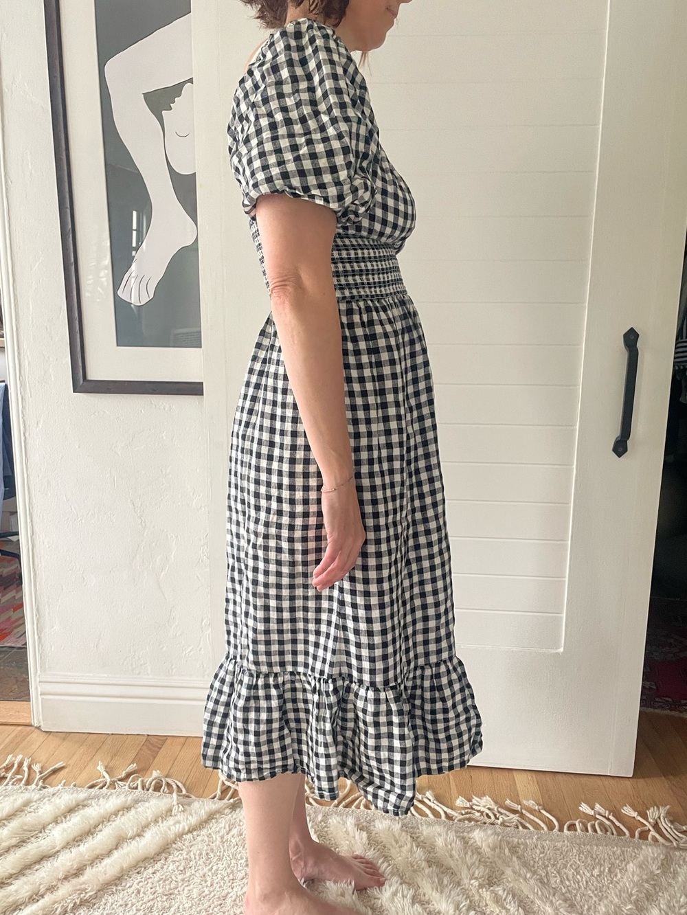 J. Crew Black and White Gingham Smocked Midi Dress - Picture 3 of 5